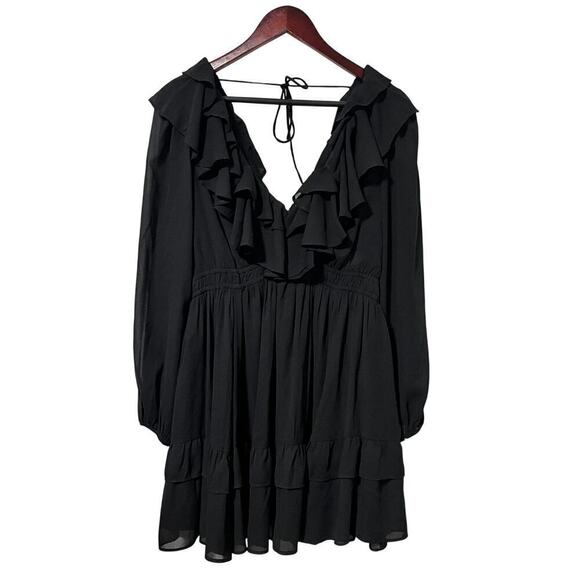 Abercrombie & Fitch Ruffle Chiffon Mini Dress Size M Black Deep V Neck NEW - Picture 1 of 9